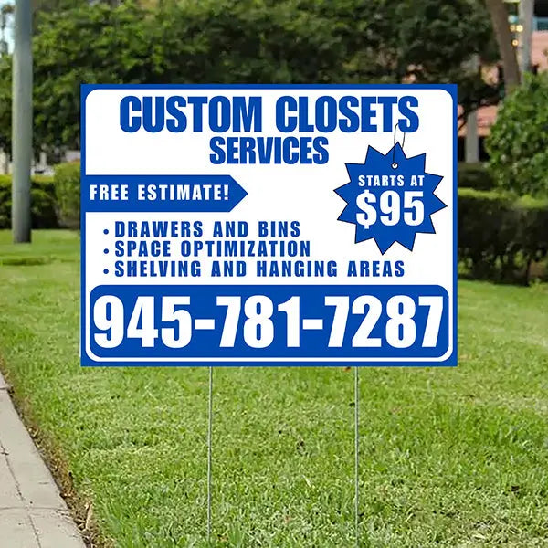 Custom Closets - Space Optimization, Shelving and Hanging Areas,  Drawers and Bins with Price Tag - Plain White Blue Design YardSigns.com
