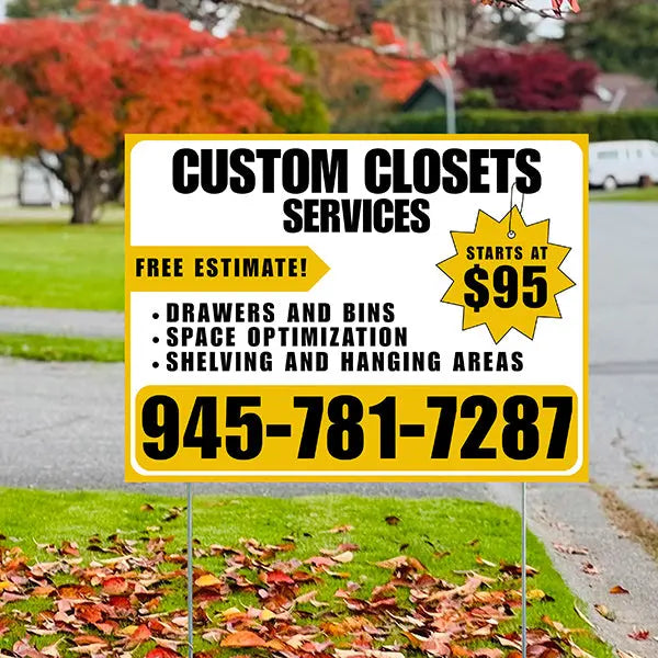Custom Closets - Space Optimization, Shelving and Hanging Areas,  Drawers and Bins with Price Tag - Plain Mustard Gold White Design YardSigns.com