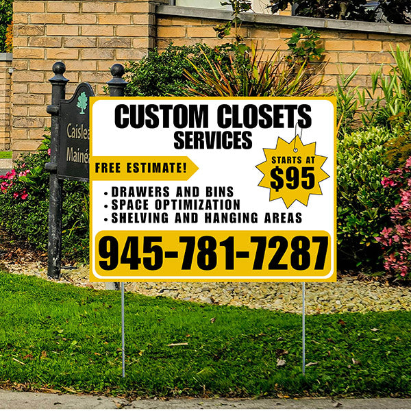 Custom Closets - Space Optimization, Shelving and Hanging Areas, Drawers and Bins with Price Tag - Plain Mustard Gold White Design - YardSigns.com