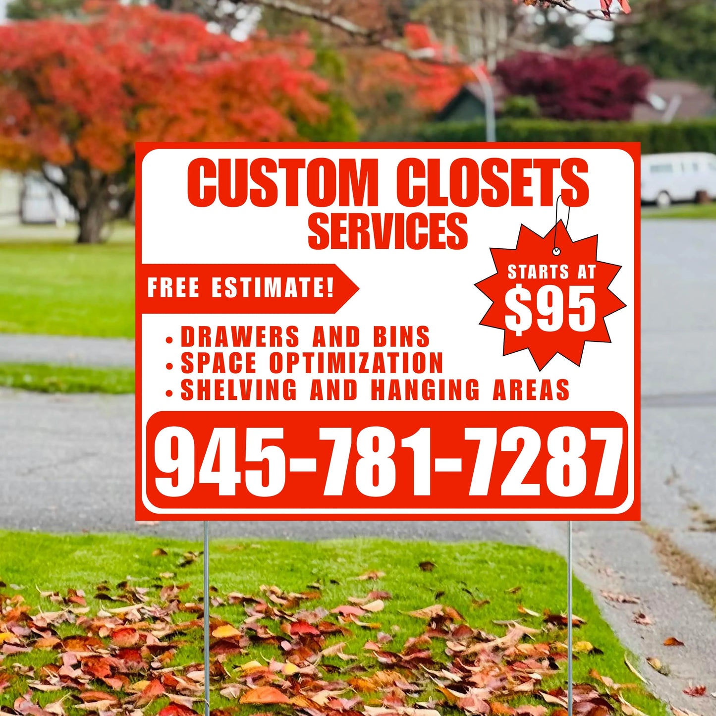 Custom Closets - Space Optimization, Shelving and Hanging Areas,  Drawers and Bins with Price Tag - Plain Chili Red White Design YardSigns.com