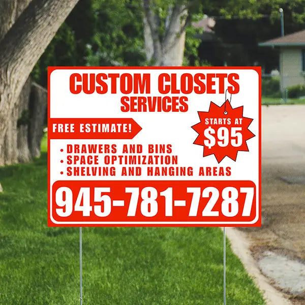 Custom Closets - Space Optimization, Shelving and Hanging Areas,  Drawers and Bins with Price Tag - Plain Chili Red White Design YardSigns.com