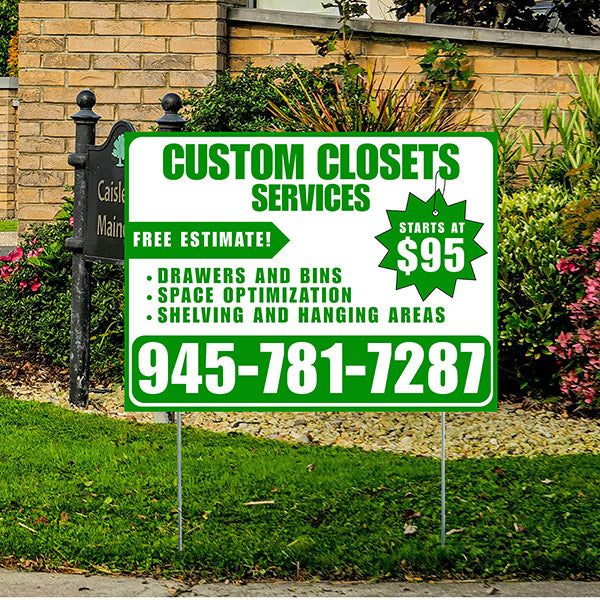 Custom Closets - Space Optimization, Shelving and Hanging Areas, Drawers and Bins with Price Tag - Plain Green White Design - YardSigns.com