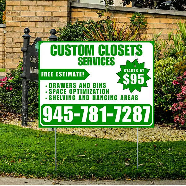 Custom Closets - Space Optimization, Shelving and Hanging Areas,  Drawers and Bins with Price Tag - Plain Green White Design YardSigns.com