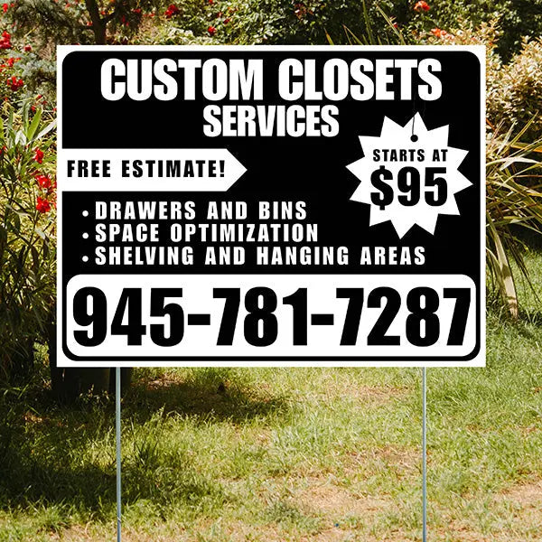 Custom Closets - Space Optimization, Shelving and Hanging Areas, Drawers and Bins with Price Tag - Plain White Black Design YardSigns.com