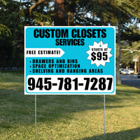 Custom Closets - Space Optimization, Shelving and Hanging Areas, Drawers and Bins with Price Tag - Plain White Aqua Blue Design YardSigns.com