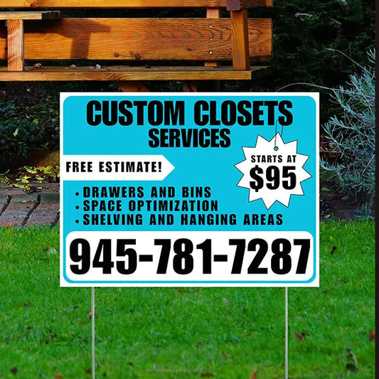 Custom Closets - Space Optimization, Shelving and Hanging Areas, Drawers and Bins with Price Tag - Plain White Aqua Blue Design YardSigns.com