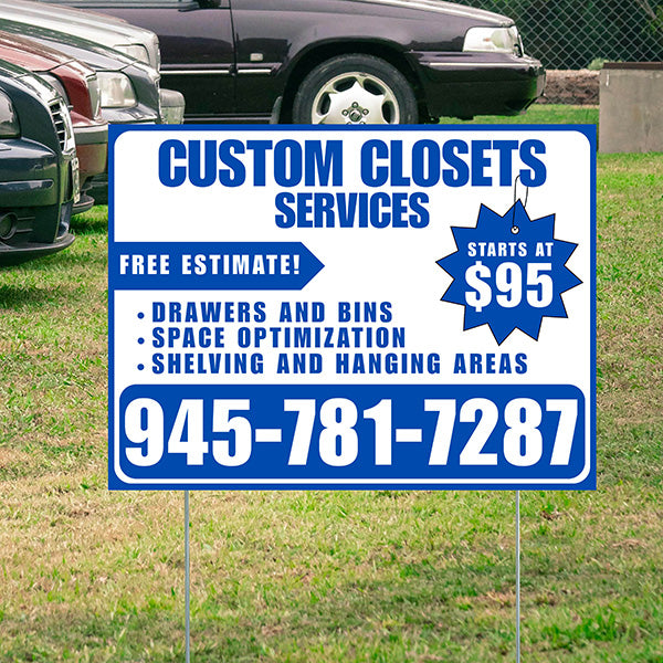 Custom Closets - Space Optimization, Shelving and Hanging Areas, Drawers and Bins with Price Tag - Plain Blue White Design - YardSigns.com