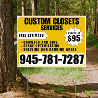 Custom Closets - Space Optimization, Shelving and Hanging Areas, Drawers and Bins with Price Tag - Plain White Mustard Gold Design YardSigns.com