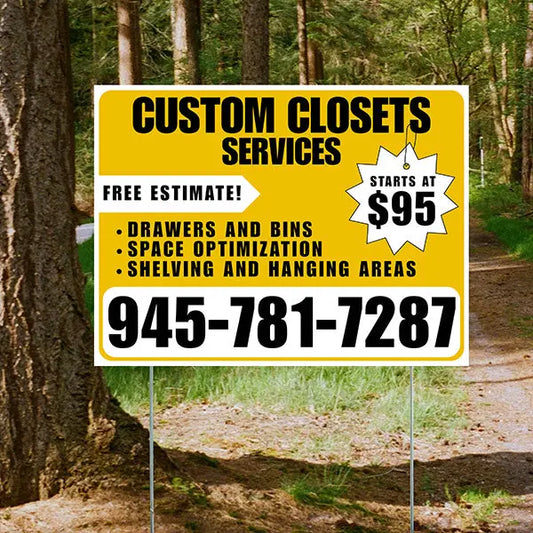 Custom Closets - Space Optimization, Shelving and Hanging Areas, Drawers and Bins with Price Tag - Plain White Mustard Gold Design YardSigns.com