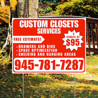Custom Closets - Space Optimization, Shelving and Hanging Areas, Drawers and Bins with Price Tag - Plain White Chili Red Design YardSigns.com