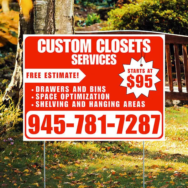 Custom Closets - Space Optimization, Shelving and Hanging Areas, Drawers and Bins with Price Tag - Plain White Chili Red Design YardSigns.com