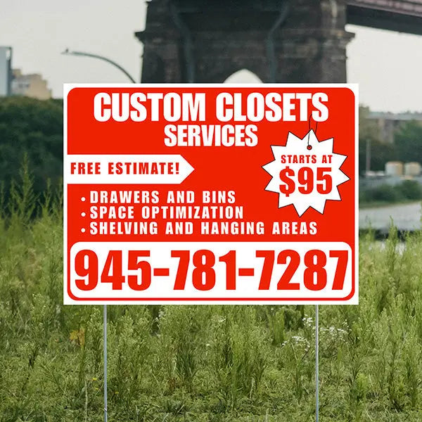 Custom Closets - Space Optimization, Shelving and Hanging Areas, Drawers and Bins with Price Tag - Plain White Chili Red Design YardSigns.com