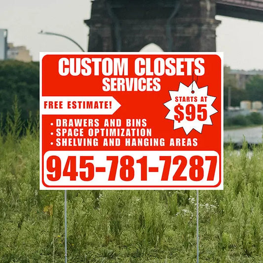 Custom Closets - Space Optimization, Shelving and Hanging Areas, Drawers and Bins with Price Tag - Plain White Chili Red Design YardSigns.com