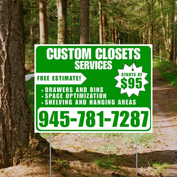 Custom Closets - Space Optimization, Shelving and Hanging Areas, Drawers and Bins with Price Tag - Plain White Green Design YardSigns.com