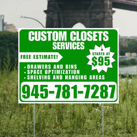 Custom Closets - Space Optimization, Shelving and Hanging Areas, Drawers and Bins with Price Tag - Plain White Green Design YardSigns.com