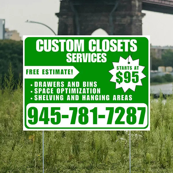 Custom Closets - Space Optimization, Shelving and Hanging Areas, Drawers and Bins with Price Tag - Plain White Green Design YardSigns.com