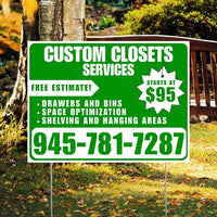 Custom Closets - Space Optimization, Shelving and Hanging Areas, Drawers and Bins with Price Tag - Plain White Green Design YardSigns.com