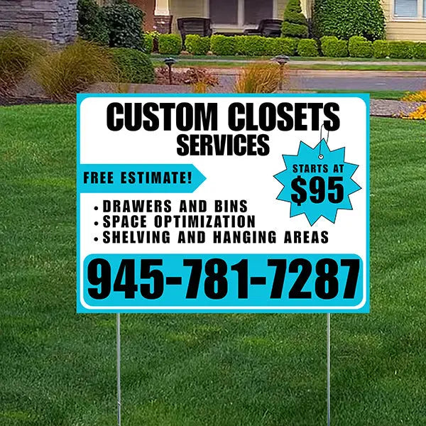 Custom Closets - Space Optimization, Shelving and Hanging Areas,  Drawers and Bins with Price Tag - Plain Aqua Blue White Design YardSigns.com