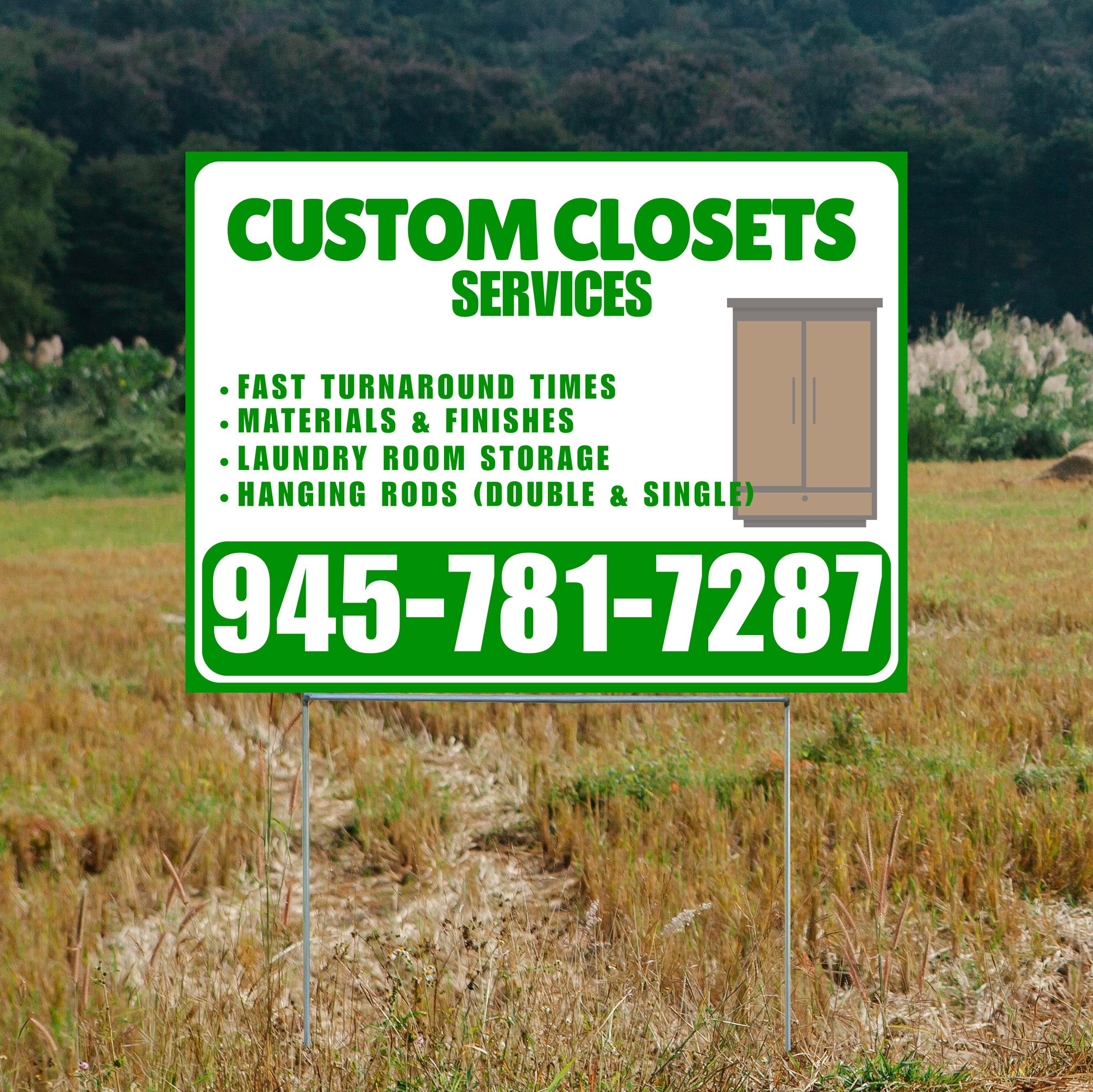 Custom Closets - Fast Turnaround Times, Materials & Finishes, Laundry Room Storage, Hanging Rods (Double & Single) - Plain Green White Design - YardSigns.com