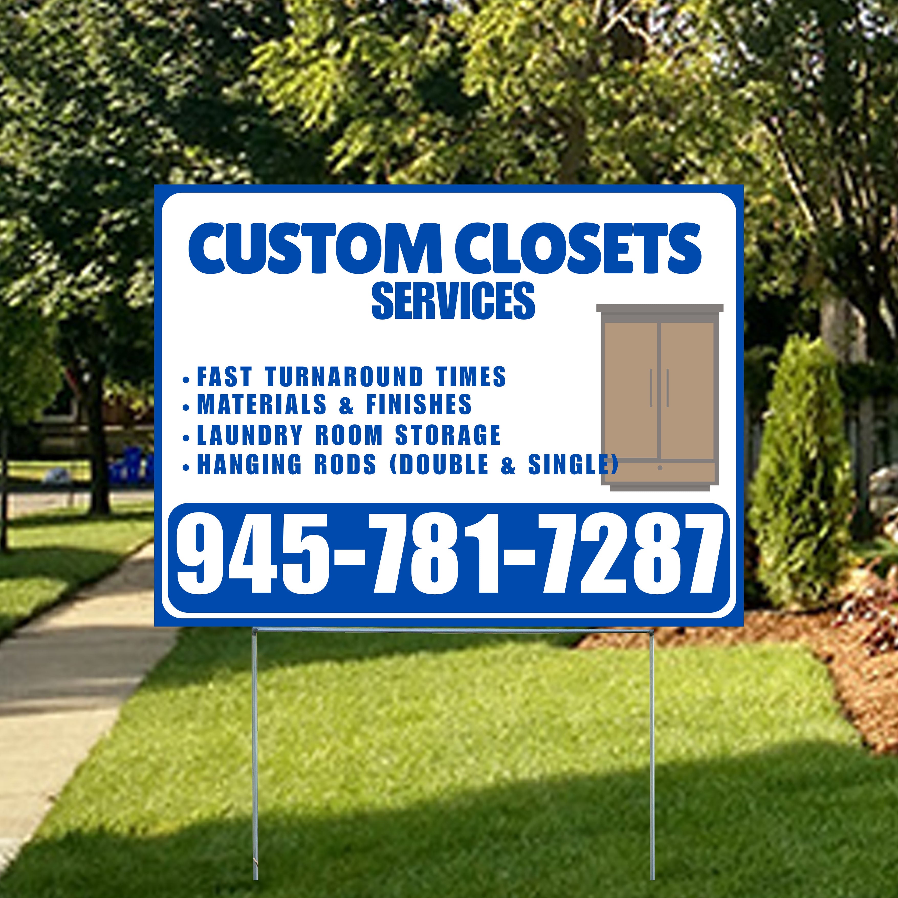 Custom Closets - Fast Turnaround Times, Materials & Finishes, Laundry Room Storage, Hanging Rods (Double & Single) - Plain Blue White Design - YardSigns.com