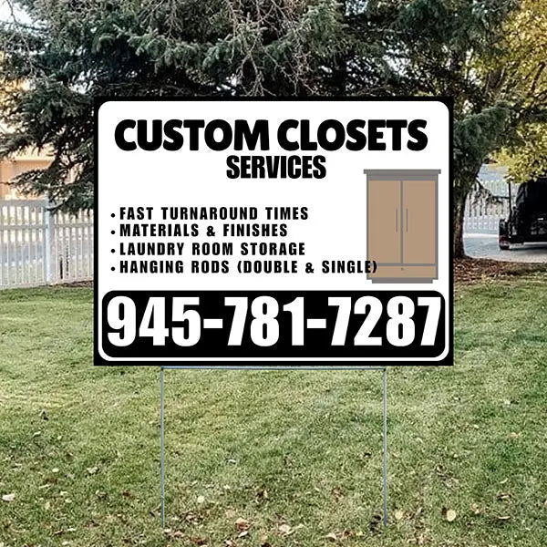 Custom Closets - Space Optimization, Shelving and Hanging Areas,  Drawers and Bins with Price Tag - Plain Black White Design YardSigns.com