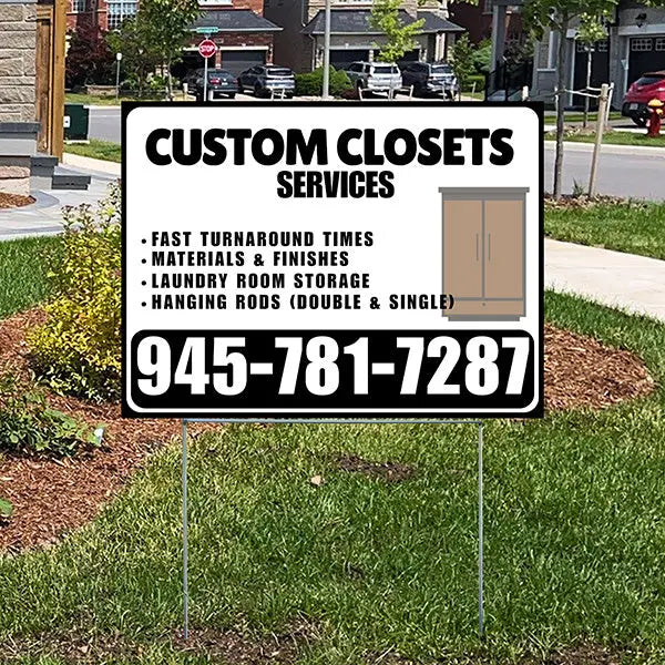 Custom Closets - Space Optimization, Shelving and Hanging Areas,  Drawers and Bins with Price Tag - Plain Black White Design YardSigns.com