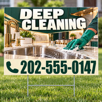 A yard sign displayed on a metal stand in a grassy lawn. The sign features a photo of a hand in a green glove cleaning a kitchen sink, with the text 'DEEP CLEANING' at the top and a phone number '202-555-0147' at the bottom.