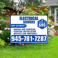 Electricians - Wiring and Rewiring,  Lighting Installation, Outlets and Switches with Price Tag - Plain Blue White Design YardSigns.com