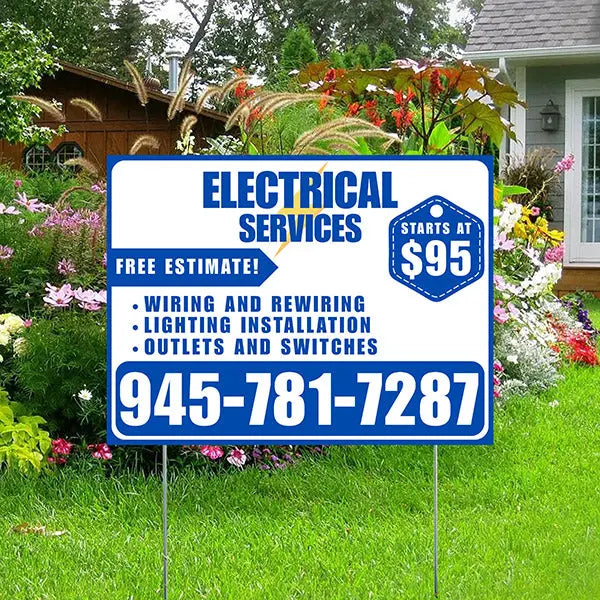 Electricians - Wiring and Rewiring,  Lighting Installation, Outlets and Switches with Price Tag - Plain Blue White Design YardSigns.com