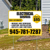 Electricians - Wiring and Rewiring,  Lighting Installation, Outlets and Switches with Price Tag - Plain Mustard Gold White Design YardSigns.com