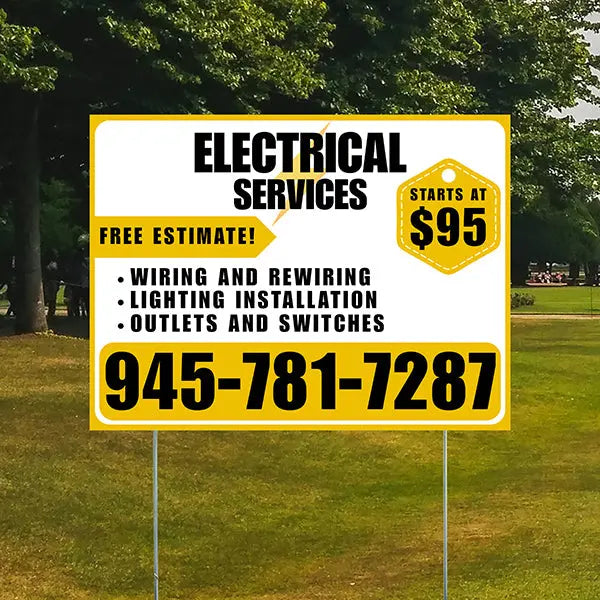 Electricians - Wiring and Rewiring,  Lighting Installation, Outlets and Switches with Price Tag - Plain Mustard Gold White Design YardSigns.com