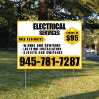 Electricians - Wiring and Rewiring,  Lighting Installation, Outlets and Switches with Price Tag - Plain Mustard Gold White Design YardSigns.com