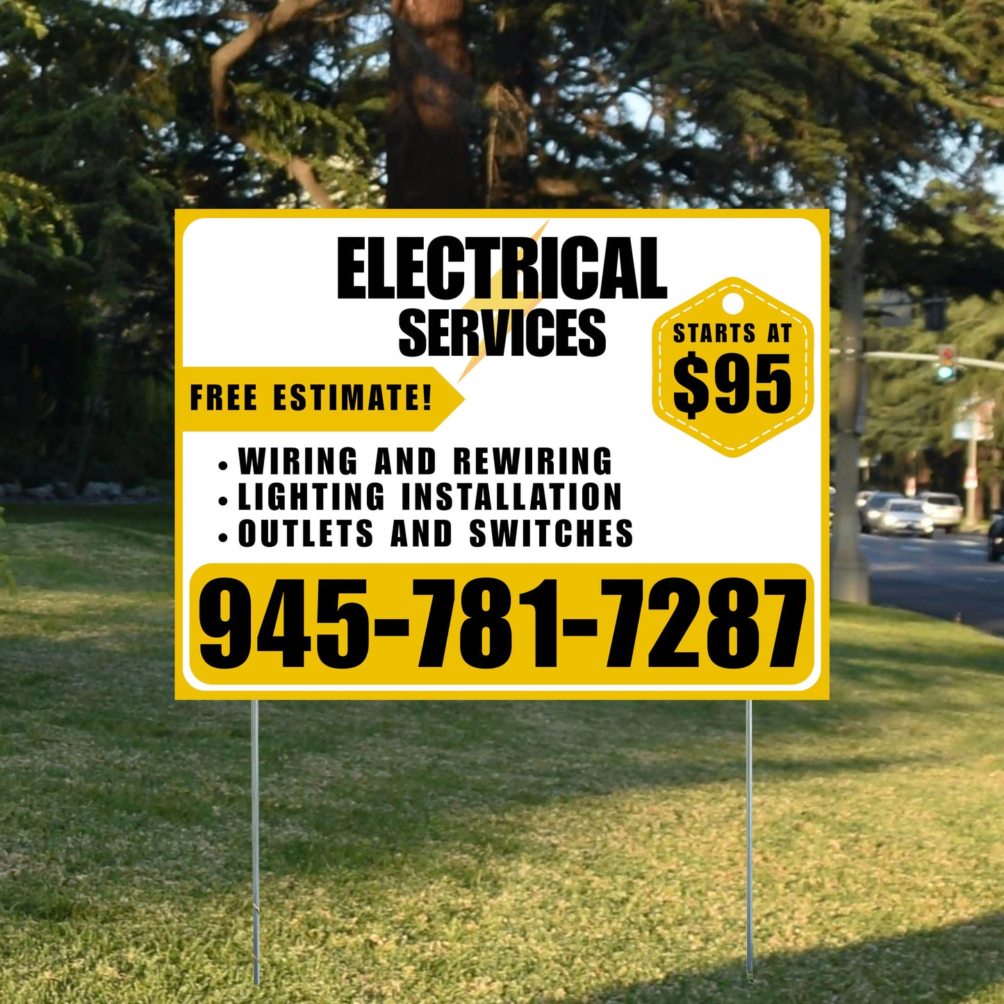 Electricians - Wiring and Rewiring,  Lighting Installation, Outlets and Switches with Price Tag - Plain Mustard Gold White Design YardSigns.com