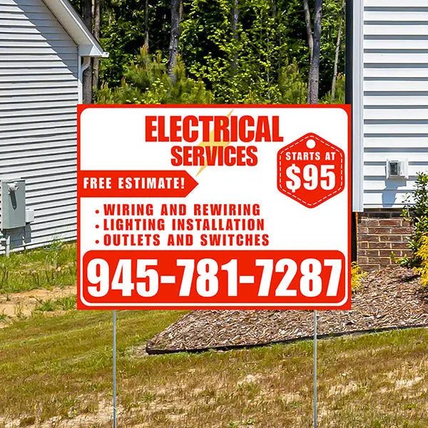 Electricians - Wiring and Rewiring,  Lighting Installation, Outlets and Switches with Price Tag - Plain Chili Red White Design YardSigns.com