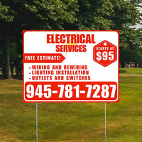 Electricians - Wiring and Rewiring,  Lighting Installation, Outlets and Switches with Price Tag - Plain Chili Red White Design YardSigns.com