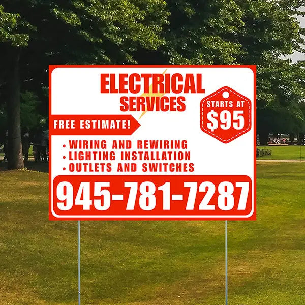 Electricians - Wiring and Rewiring,  Lighting Installation, Outlets and Switches with Price Tag - Plain Chili Red White Design YardSigns.com