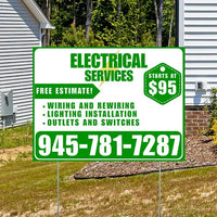 Electricians - Wiring and Rewiring,  Lighting Installation, Outlets and Switches with Price Tag - Plain Green White Design YardSigns.com