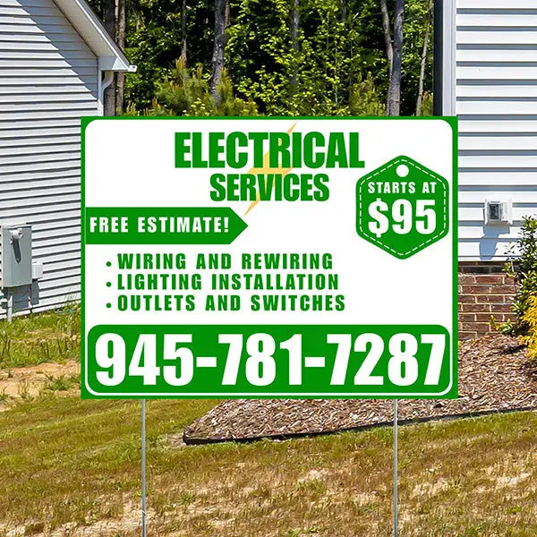 Electricians - Wiring and Rewiring,  Lighting Installation, Outlets and Switches with Price Tag - Plain Green White Design YardSigns.com