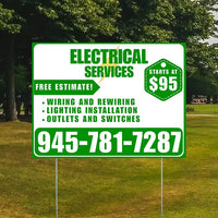 Electricians - Wiring and Rewiring,  Lighting Installation, Outlets and Switches with Price Tag - Plain Green White Design YardSigns.com