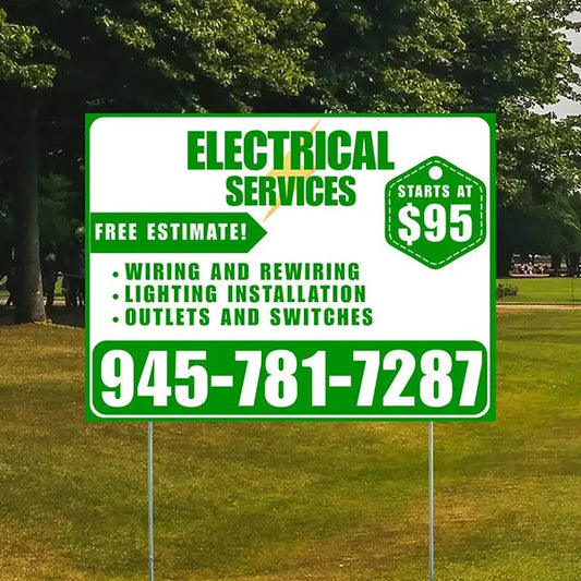 Electricians - Wiring and Rewiring,  Lighting Installation, Outlets and Switches with Price Tag - Plain Green White Design YardSigns.com