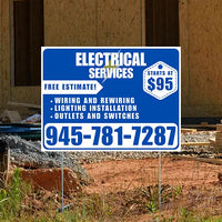 Electricians - Wiring and Rewiring,  Lighting Installation, Outlets and Switches with Price Tag - Plain White Blue Design YardSigns.com