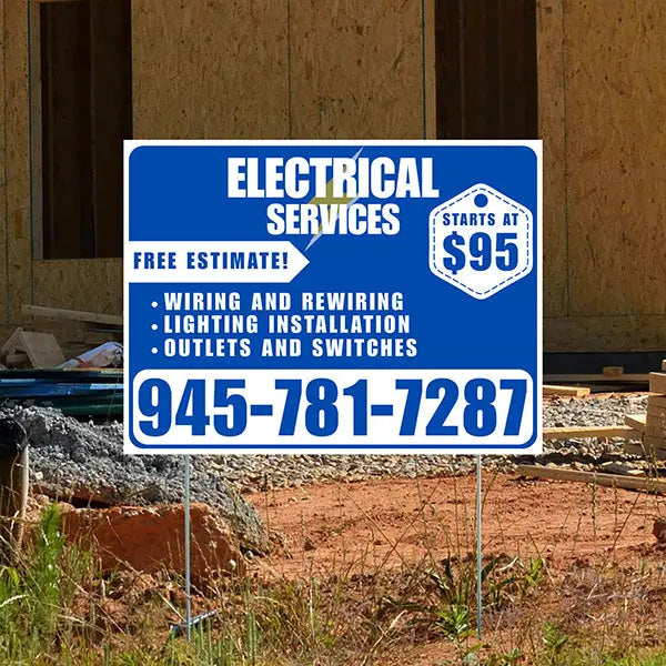 Electricians - Wiring and Rewiring,  Lighting Installation, Outlets and Switches with Price Tag - Plain White Blue Design YardSigns.com
