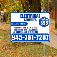 Electricians - Wiring and Rewiring,  Lighting Installation, Outlets and Switches with Price Tag - Plain Blue White Design YardSigns.com