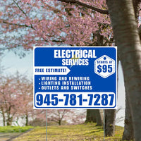 Electricians - Wiring and Rewiring,  Lighting Installation, Outlets and Switches with Price Tag - Plain White Blue Design YardSigns.com
