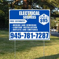 Electricians - Wiring and Rewiring,  Lighting Installation, Outlets and Switches with Price Tag - Plain White Blue Design YardSigns.com