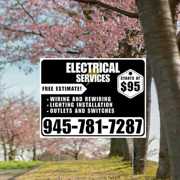 Electricians - Wiring and Rewiring,  Lighting Installation, Outlets and Switches with Price Tag - Plain White Black Design YardSigns.com