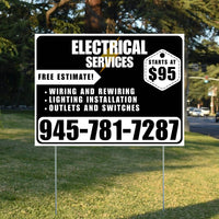 Electricians - Wiring and Rewiring,  Lighting Installation, Outlets and Switches with Price Tag - Plain White Black Design YardSigns.com