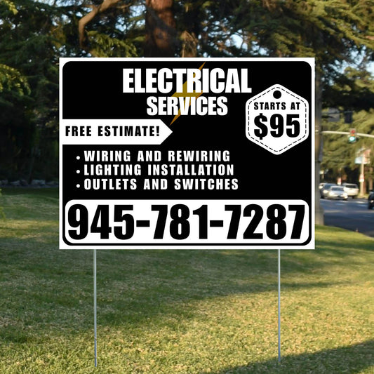 Electricians - Wiring and Rewiring,  Lighting Installation, Outlets and Switches with Price Tag - Plain White Black Design YardSigns.com