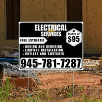 Electricians - Wiring and Rewiring,  Lighting Installation, Outlets and Switches with Price Tag - Plain White Black Design YardSigns.com