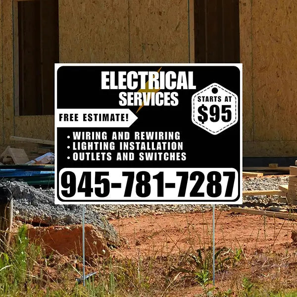Electricians - Wiring and Rewiring,  Lighting Installation, Outlets and Switches with Price Tag - Plain White Black Design YardSigns.com